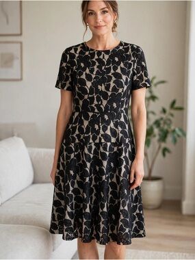 Ann Taylor Black and Cream Floral Jacquard Mini Dress